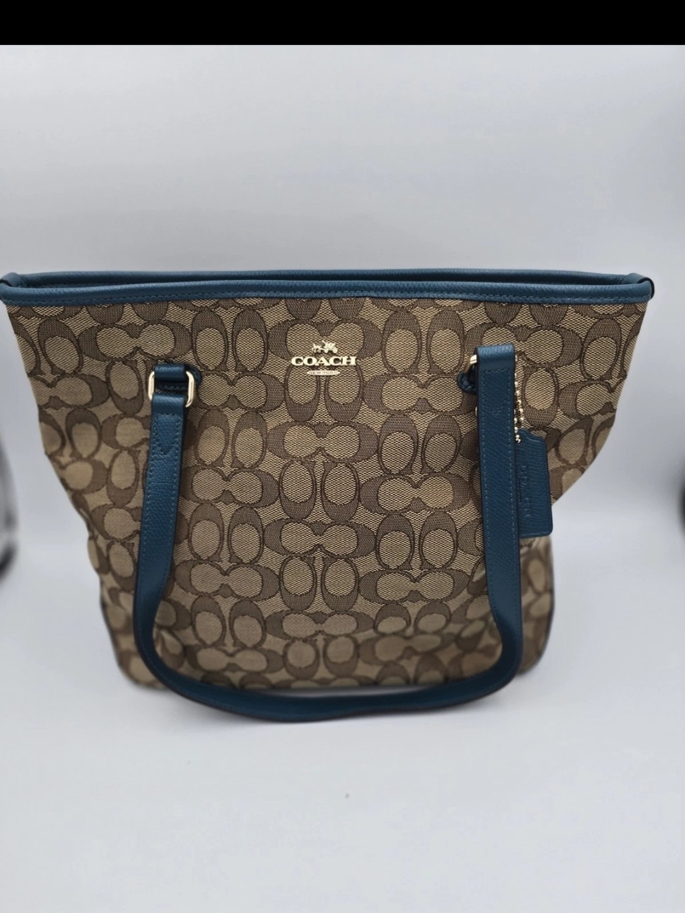 Coach Brown Signature Tote with Blue Trim